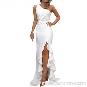 Alangbudu Women’S One Shoulder Ruched Ruffle Evening Long Split Bodycon Dress White B07N1S6DNS